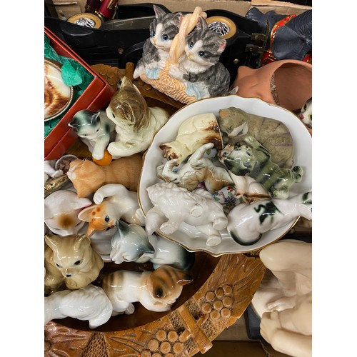 254 - BOX CONTAINING CERAMIC AND RESIN CAT FIGURES, MODEL CAR AND MORE