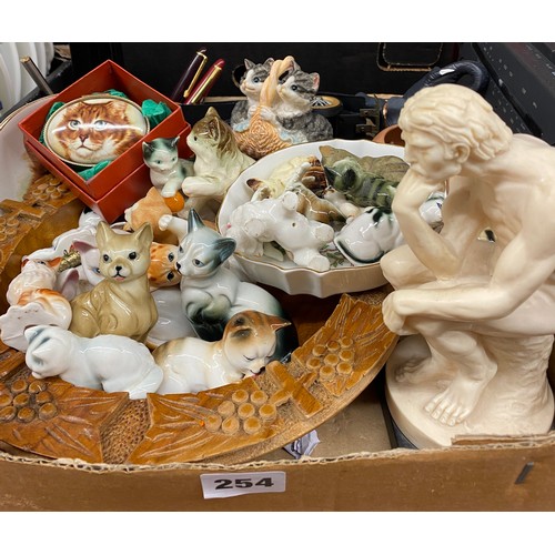 254 - BOX CONTAINING CERAMIC AND RESIN CAT FIGURES, MODEL CAR AND MORE