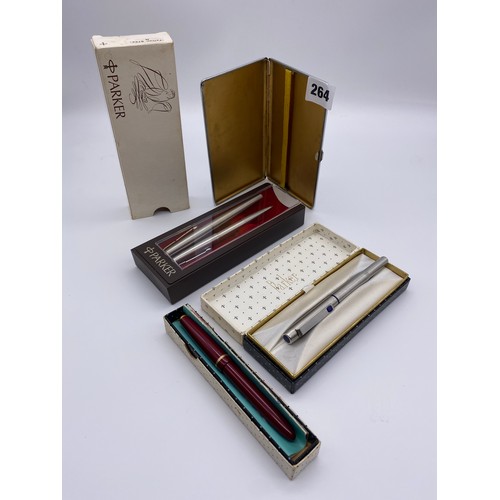 264 - CHROMIUM CIGARETTE CASE AND BOXED PARKER PEN SETS