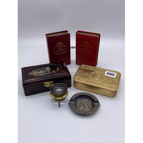 265 - EPNS MINIATURE ASHTRAY, REPLICA WWI CHRISTMAS TIN, CORK LIDDED DIORAMA BOX