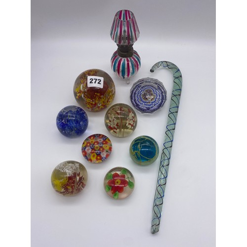 272 - SELECTION OF GLASS PAPER WEIGHTS AND GLASS WALKING STICK MINIATURE