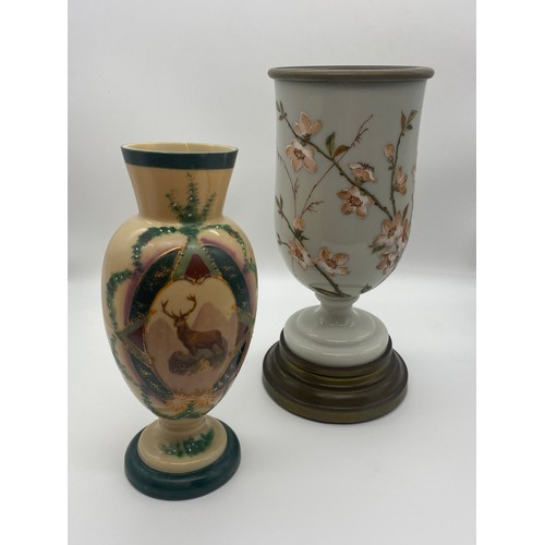 273 - TWO PAINTED OPALINE GLASS VASES