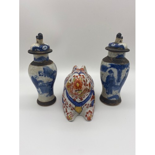 274 - TWO CHINESE CRACKLEWARE BALUSTER VASES AND COVERS AND A 20TH CENTURY IMARI PATTERNED SEATED RABBIT