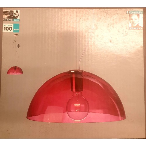 125a - TWO BOXED MASSIVE CURVE PENDANT GLASS SHADES, LARGE PINK GLASS DOMED PENDANT SHADE IN BOX, AND A BOX... 