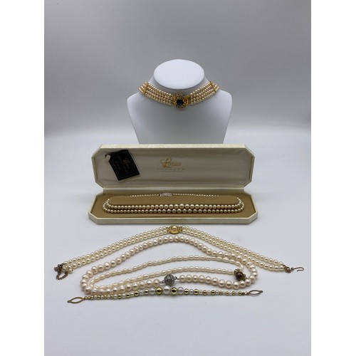 288 - CASED LOTUS AND CASCADE SIMULATED PEARL CHOKERS AND NECKLACES