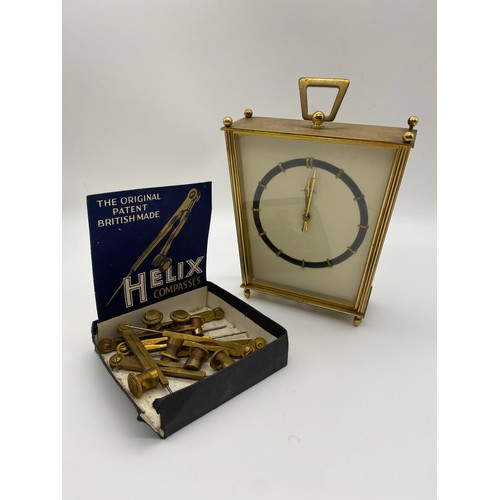 295 - GILT METAL CASED MANTEL CLOCK A/F, BACK PLATE AND SPRINGS IN BOX AND A SELECTION OF HELIX SCHOOL COM... 