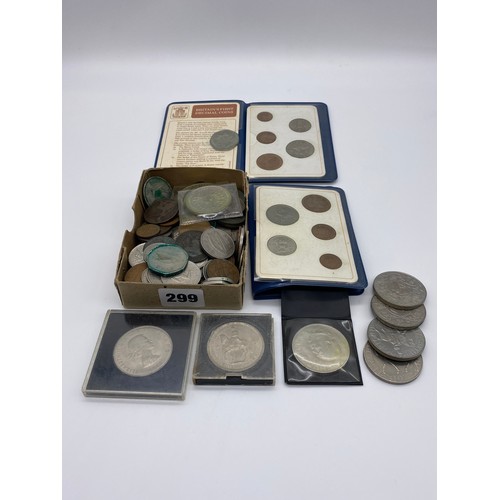 299 - BOX OF MISCELLANEOUS MAINLY GB AND PRE DECIMAL IRELAND COINS, PLUS BRITAIN'S FIRST DECIMAL COIN SETS... 