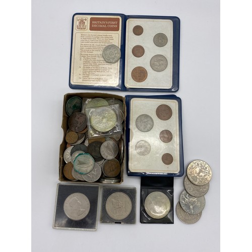 299 - BOX OF MISCELLANEOUS MAINLY GB AND PRE DECIMAL IRELAND COINS, PLUS BRITAIN'S FIRST DECIMAL COIN SETS... 