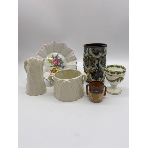 307 - ROYAL WORCESTER BLANC DE CHINE LEAF PATTERN JUG AND SUCRIER, SHELLEY SCALLOPED DISH AND OTHER CERAMI... 