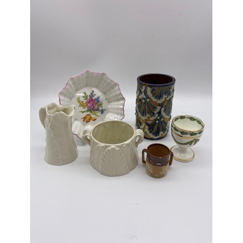 307 - ROYAL WORCESTER BLANC DE CHINE LEAF PATTERN JUG AND SUCRIER, SHELLEY SCALLOPED DISH AND OTHER CERAMI... 