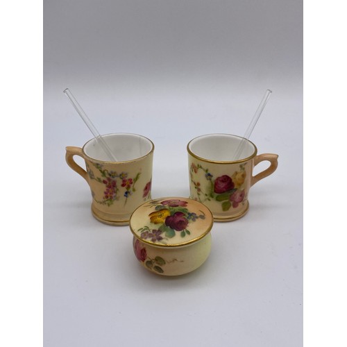 308 - ROYAL WORCESTER PEACH BLUSH MINIATURE TANKARDS AND POT AND COVER