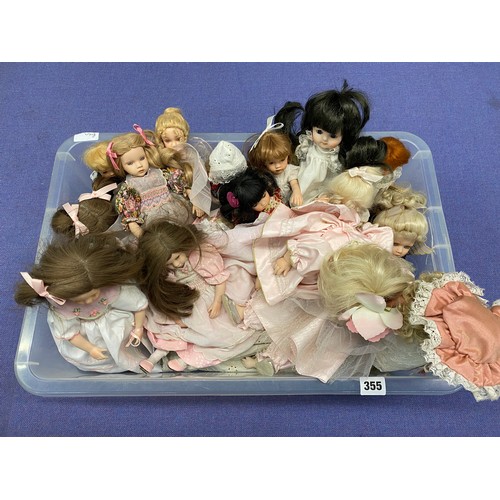 355 - CRATE OF PAULINES PORCELAIN HEADED DRESS DOLLS SMALL AND MEDIUM SIZE