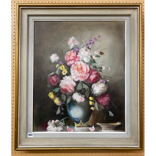 363 - OIL ON CANVAS STILL LIFE VASE OF MIXED FLOWERS