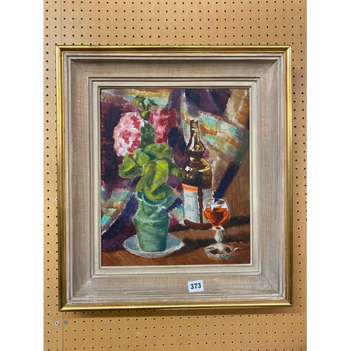 373 - L.EKBERG OILS ON BOARD OF STILL LIFE OF BOTTLE AND FLOWERS SIGNED AND DATED '47 (PAPER LABEL TO VERS... 