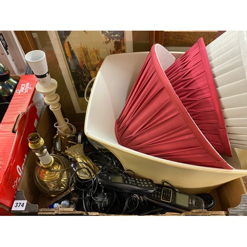 374 - BOX CONTAINING VARIOUS LAMP SHADES, BT PHONES, PRINTS