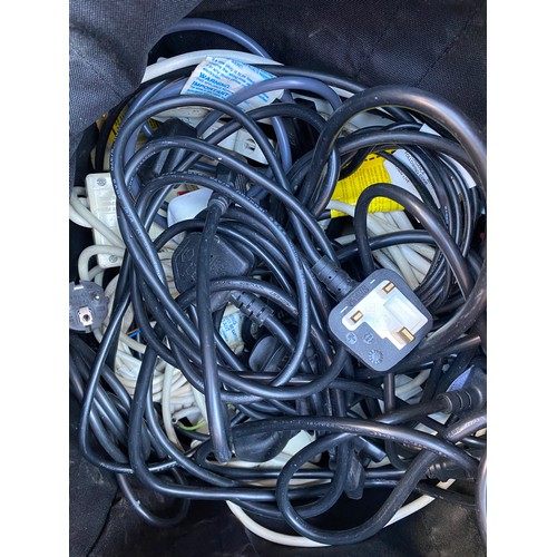 380 - LARGE CRATE OF BOXED AUDIO AND AV CABLES, SCART LEADS, AND BAG OF 8X4 WAY EXTENSION LEADS