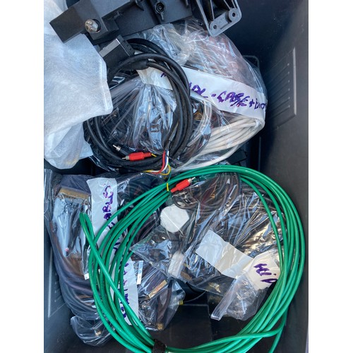 380 - LARGE CRATE OF BOXED AUDIO AND AV CABLES, SCART LEADS, AND BAG OF 8X4 WAY EXTENSION LEADS