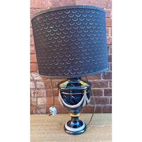 393 - MARBLED OVOID SWAGGED TABLE LAMP AND SHADE