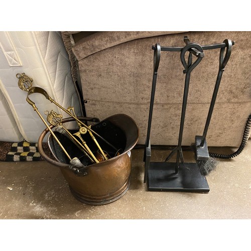 397 - COPPER COAL SCUTTLE AND SOME FIRE TOOLS