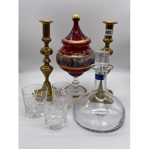 401 - PAIR OF BRASS CANDLE STICKS, RUBY PAINTED GLASS JAR AND COVER AND SOME TUMBLERS AND A VILLEROY AND B... 