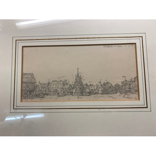 198 - PANORAMIC PENCIL SKETCH OF STRATFORD UPON AVON, ANTIQUARIAN TINTED PRINT OF KENSINGTON HIGH STREET, ... 