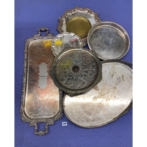 346 - HEAVY EP ON COPPER OBLONG TWIN HANDLED TRAY AND OTHER GALLERY TRAYS AND SALVERS