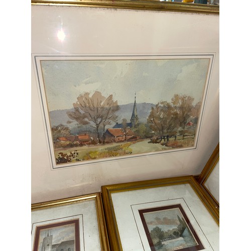 363A - FIVE ANTIQUARIAN TINTED PRINTS OF LANDMARKS AND A SMALL WATER COLOUR OF A VILLAGE CHURCH