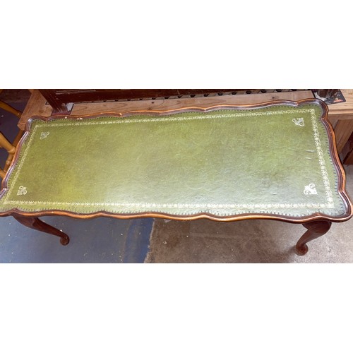 391A - LOW DARK WOOD GREEN LEATHER EFFECT COFFEE TABLE