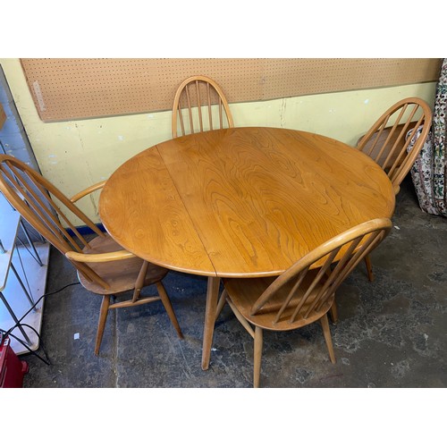 1 - LIGHT ERCOL DROP FLAP DINING TABLE WITH FOUR QUAKER BACK WINDSOR CHAIRS (NO.365 & 365A)