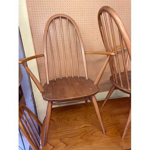 1 - LIGHT ERCOL DROP FLAP DINING TABLE WITH FOUR QUAKER BACK WINDSOR CHAIRS (NO.365 & 365A)