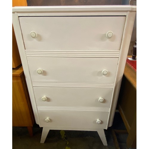 81 - WHITE PAINTED TALL FOUR DRAWER CHEST AND A PINK LLOYD LOOM LINEN BIN