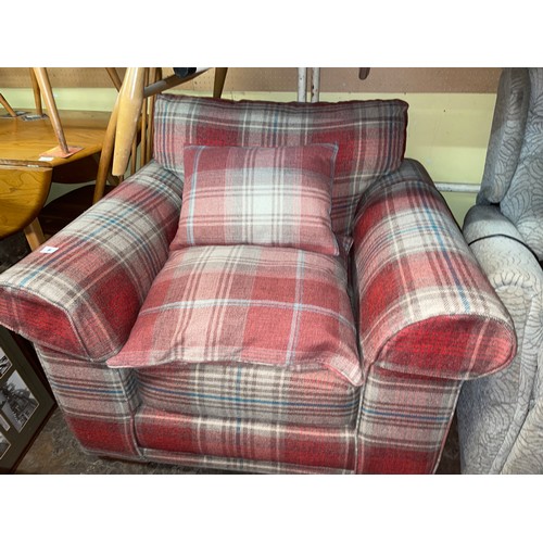 6 - RED TARTAN SINGLE ARMCHAIR WITH MATCHING STORAGE FOOTSTOOL AND SCATTER CUSHIONS