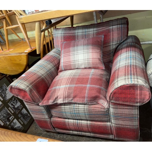 6 - RED TARTAN SINGLE ARMCHAIR WITH MATCHING STORAGE FOOTSTOOL AND SCATTER CUSHIONS