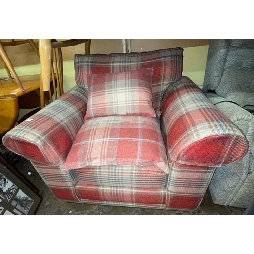 6 - RED TARTAN SINGLE ARMCHAIR WITH MATCHING STORAGE FOOTSTOOL AND SCATTER CUSHIONS