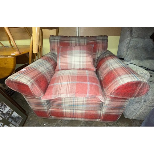 6 - RED TARTAN SINGLE ARMCHAIR WITH MATCHING STORAGE FOOTSTOOL AND SCATTER CUSHIONS