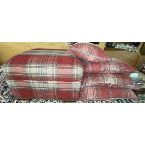 6 - RED TARTAN SINGLE ARMCHAIR WITH MATCHING STORAGE FOOTSTOOL AND SCATTER CUSHIONS