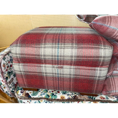 6 - RED TARTAN SINGLE ARMCHAIR WITH MATCHING STORAGE FOOTSTOOL AND SCATTER CUSHIONS