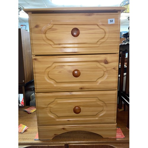 32 - PINE THREE DRAWER BEDSIDE CABINET