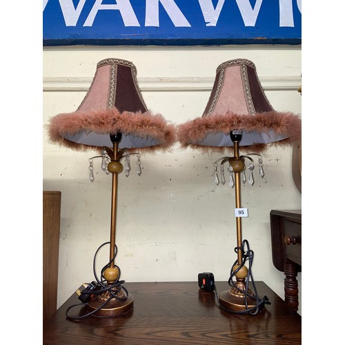 95 - PAIR OF BRONZED EFFECT TABLE LAMPS WITH SUEDE FUR FRINGED SHADES