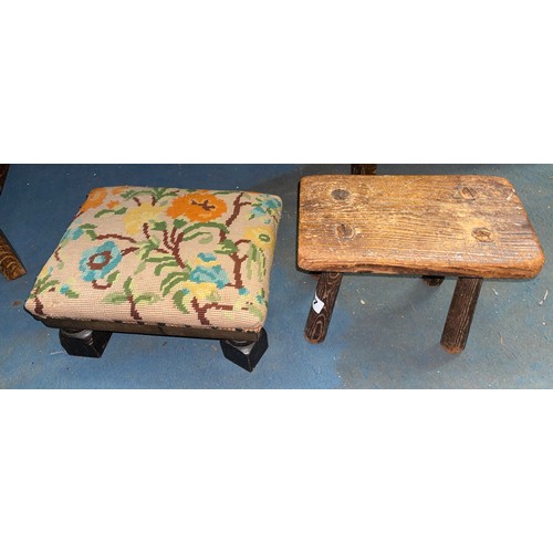 97 - PRIMITIVE ANTIQUE ELM STOOL AND ONE OTHER