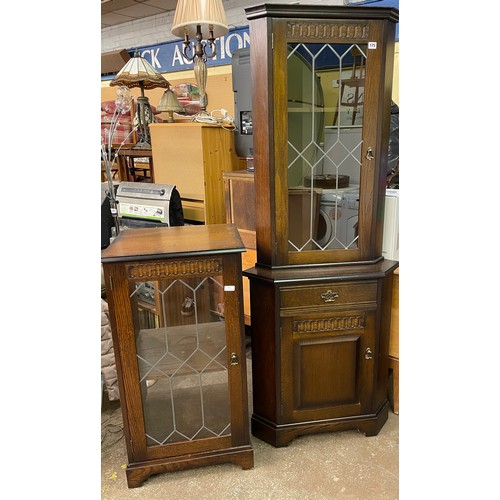 175 - DARK OAK AND LEADED GLAZED CORNER CABINET AND MATCHING HI-FI CABINET