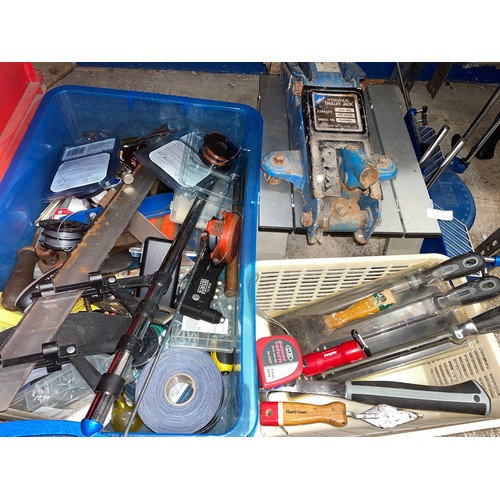 131 - MITRE SAW, TABLE TOP FOLDING WORK BENCH, CRATE OF MIXED TOOLS, AND DECORATING TOOLS