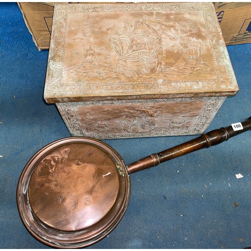 100 - COPPER WARMING PAN AND EMBOSSED BOX