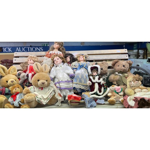 145 - SELECTION OF PORCELAIN HEADED DRESS DOLLS AND PLUSH TEDDYBEARS