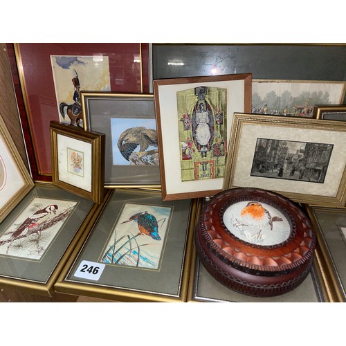 246 - SHELF OF CASHS WOVEN SILK PICTURES BIRD SERIES, ROBIN CIRCULAR BOX, BAYEUX TAPESTRY AND OTHERS