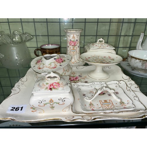 261 - CROWN DEVON CREAM FLORAL DRESSING TABLE SET AND COPPER LUSTRE RESIST MUG