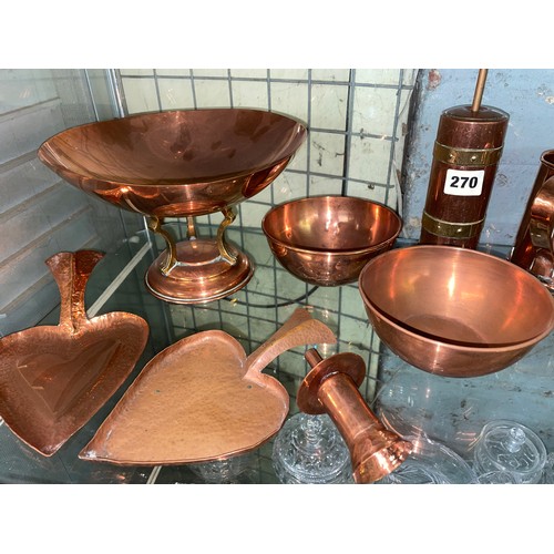 270 - SHELF OF COPPER METALWARE INCLUDING PEDESTAL COMPORT, HEART SHAPED TRAYS, TANKARD AND SHOVEL