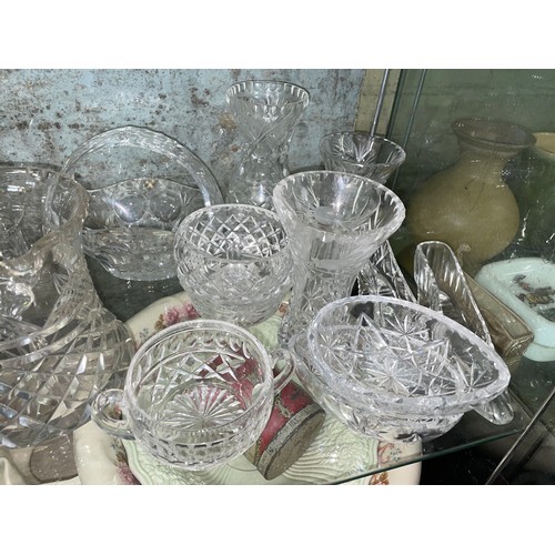 271 - TWO SHELVES OF VARIOUS CUT GLASS, WATERFORD PRESERVE JAR, ETC