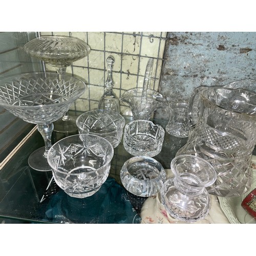 271 - TWO SHELVES OF VARIOUS CUT GLASS, WATERFORD PRESERVE JAR, ETC