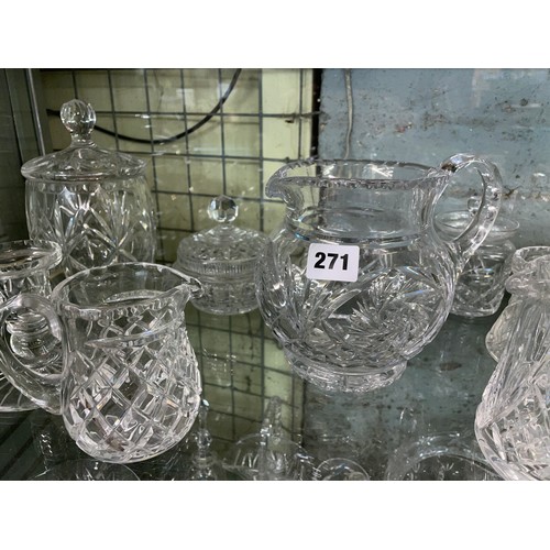 271 - TWO SHELVES OF VARIOUS CUT GLASS, WATERFORD PRESERVE JAR, ETC